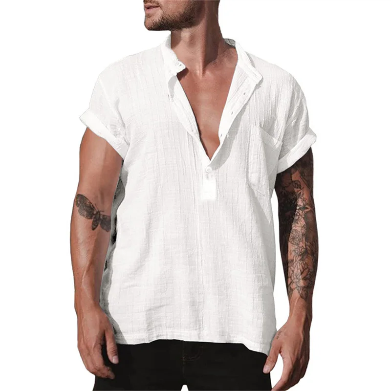 2023 Новая мужская хлопчатобумажная льняная рубашка со стоячим воротником и короткими рукавами, мужская дизайнерская одежда, популярные топы для мужчин