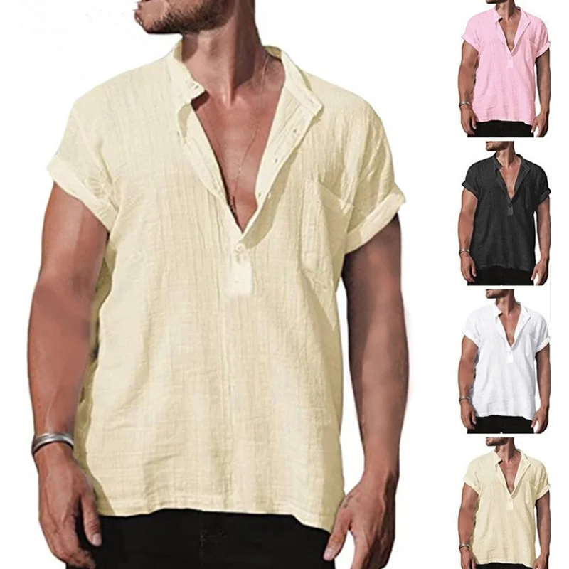 2023 Новая мужская хлопчатобумажная льняная рубашка со стоячим воротником и короткими рукавами, мужская дизайнерская одежда, популярные топы для мужчин