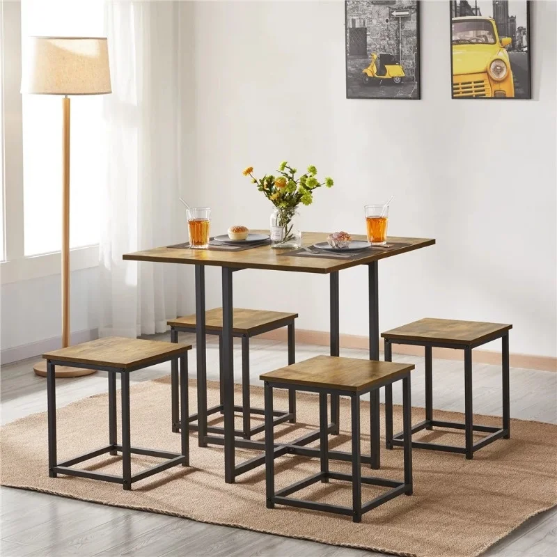Easyfashion Обеденный набор из 5 шт. с промышленным квадратным столом и 4 стульями без спинок, обеденный набор Drift Brown обеденные столы для столовой
