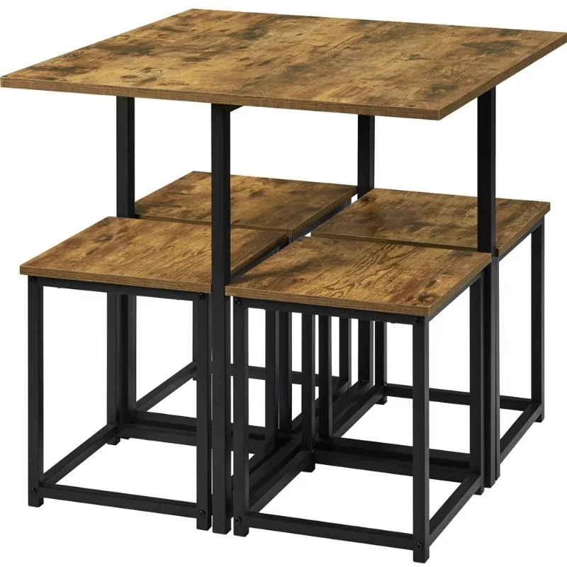 Easyfashion Обеденный набор из 5 шт. с промышленным квадратным столом и 4 стульями без спинок, обеденный набор Drift Brown обеденные столы для столовой