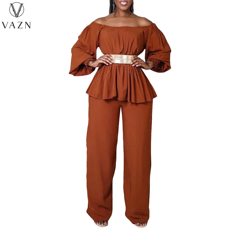 VAZN 2023 Топ с длинным рукавом и открытыми плечами, эластичные Длинные брюки, женские комплекты из 2 предметов, однотонные модные Новые повседневные комплекты в уличном стиле