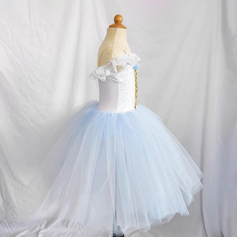 Детская голубая балетная юбка, платье для профессионального выступления, длинные балетные пачки для девочек небесно-голубого цвета с балдахином