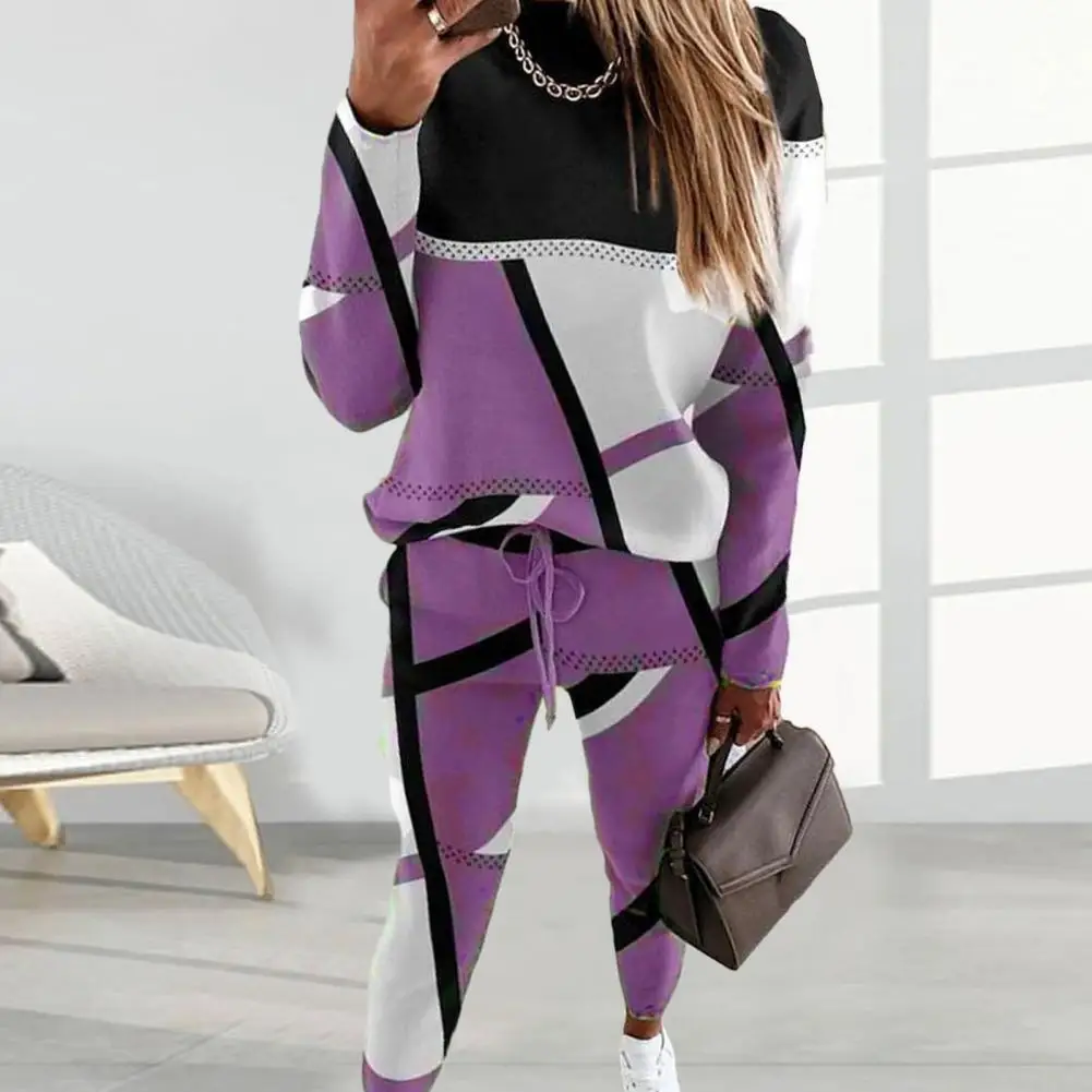 Комплект женских толстовок и брюк, женский костюм из 2 предметов, женский костюм с геометрическим принтом, красочный комплект толстовок и брюк, повседневная женская одежда