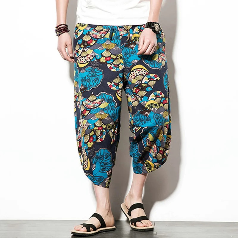 Летние брюки Harajuku, мужские хлопковые льняные брюки с широкими голенями, повседневные шаровары с принтом, мешковатые брюки, модная мужская одежда