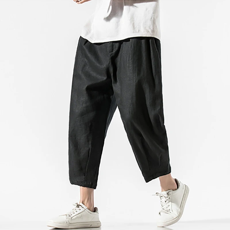 Мужские хлопчатобумажные льняные брюки Harajuku однотонного цвета, повседневные мужские брюки с эластичной резинкой на талии, повседневные мужские брюки длиной до щиколоток, Большой размер 5XL
