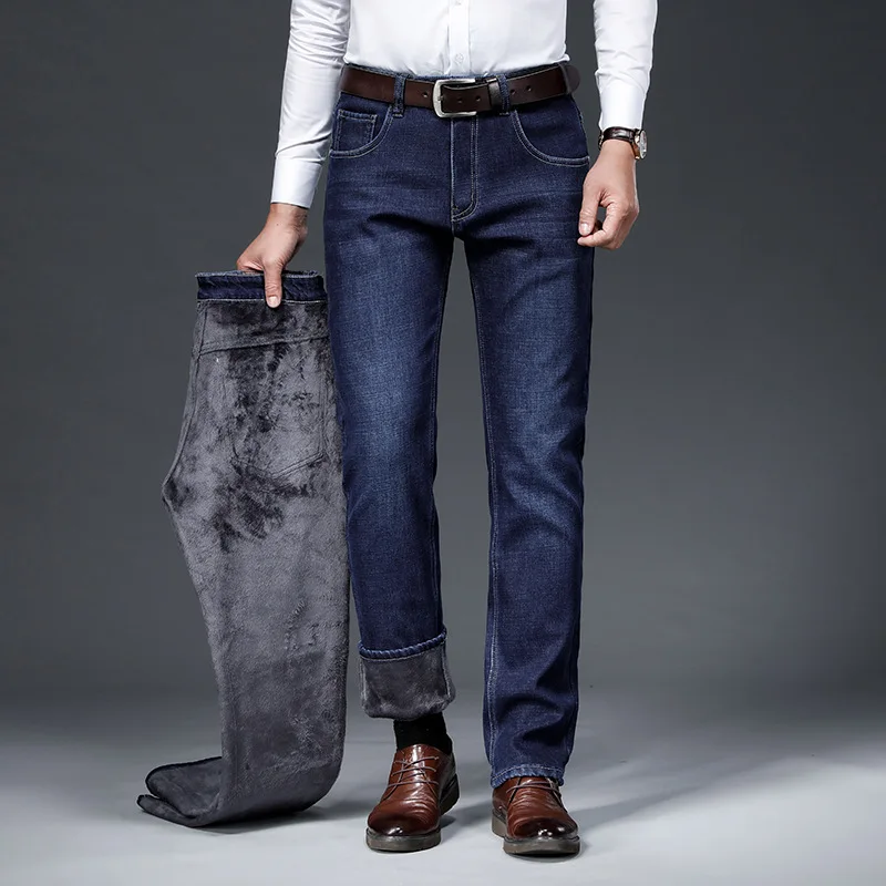 Новинка зимы 2023 года, мужские флисовые теплые джинсы в классическом деловом повседневном стиле, утепленные джинсовые брюки обычной посадки, черные, синие Брендовые брюки