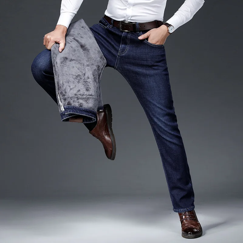 Новинка зимы 2023 года, мужские флисовые теплые джинсы в классическом деловом повседневном стиле, утепленные джинсовые брюки обычной посадки, черные, синие Брендовые брюки