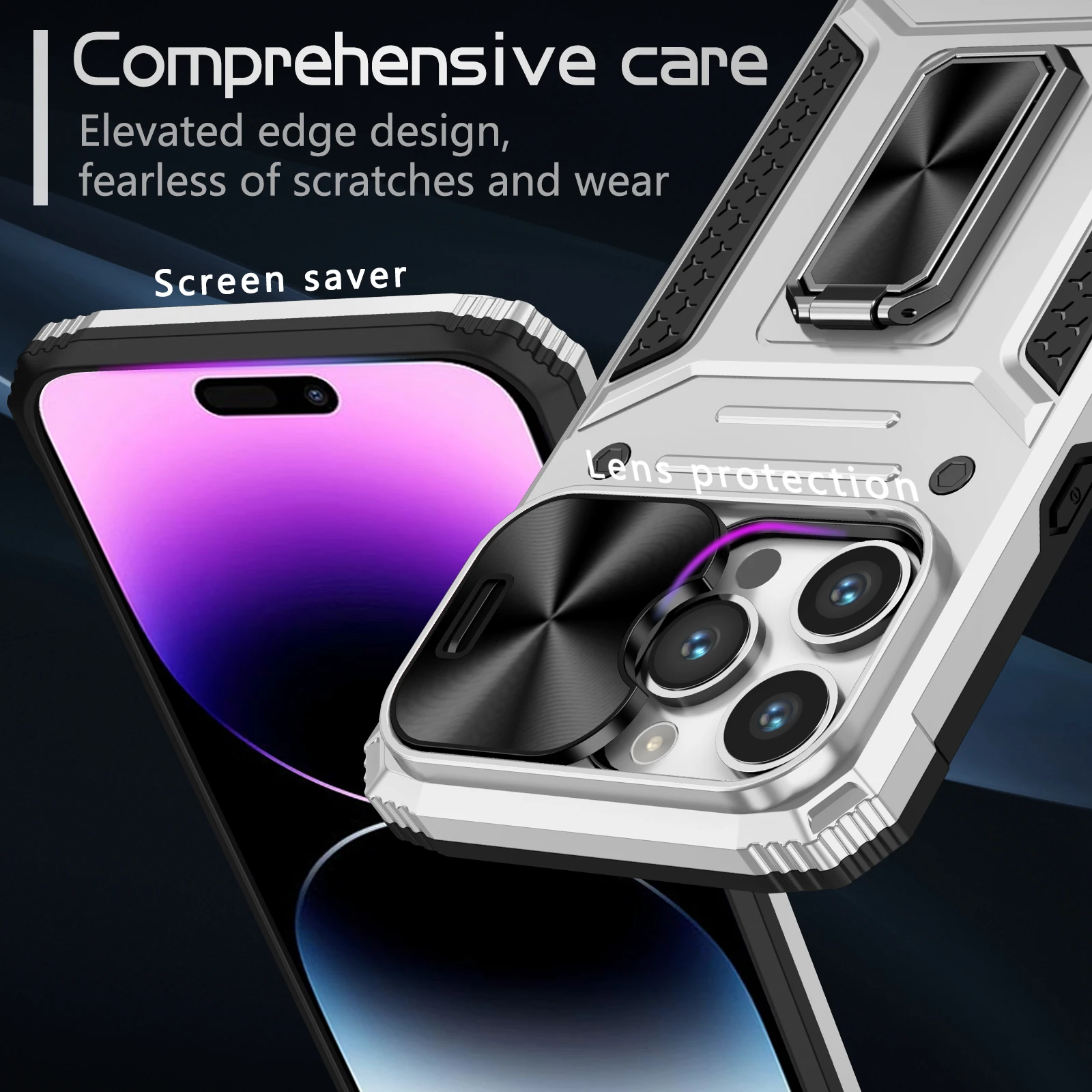 Противоударный чехол для Apple iPhone 15 14 13 12 Pro Max Plus, кольцо-держатель, раздвижное окно, защита объектива, чехол для телефона, задняя крышка