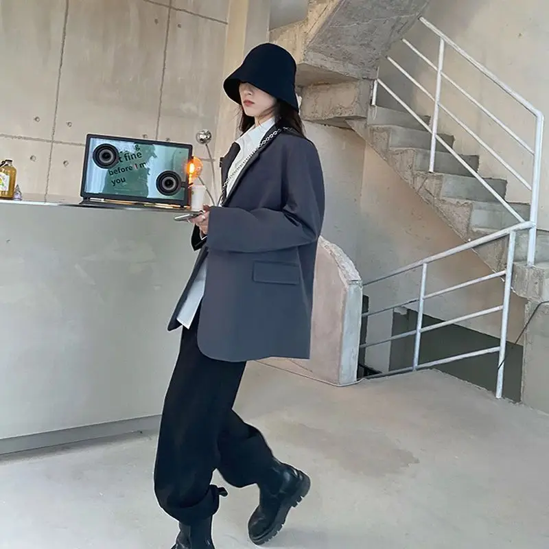 Серый блейзер в корейском стиле для женщин, весна-осень, свободный костюм с длинным рукавом, пальто, женский Однобортный шикарный жакет, женский